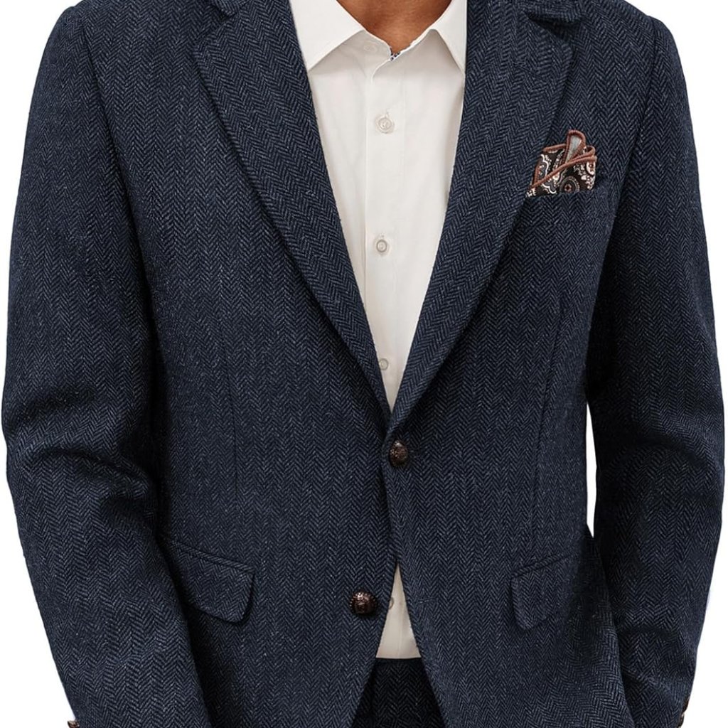 Mens Blazer Vintage Wool Blend Sport Coat Herringbone Tweed Blazer Suit Jacket W